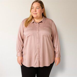New Torrid 5X Madison Pink Satin Button Up Blouse Double Pockets Dressy Event
